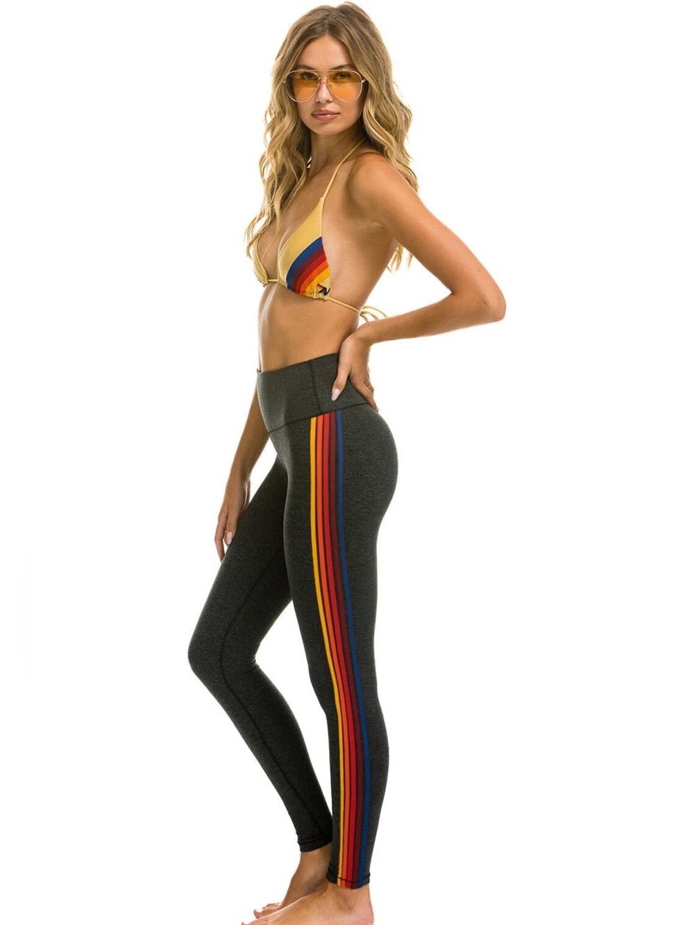 Aviator Nation Charcoal Gray Leggings with Red, Blue & Yellow Stripe Trim